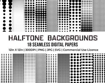 18 Halftone  Backgrounds Digital Paper, Backdrop Texture, Retro Art Assets, Halftone Brushes 300DPI, Commercial Use (Png, Svg, Jpg)