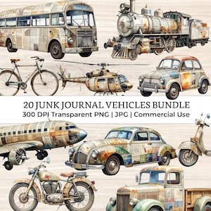 ミックスメディア ジャンクジャーナル ファジーカット 車両クリップアート – 風合いのある水彩画 ヴィンテージコラージュ エフェメラ 印刷可能なスクラップブック用品 | セット1