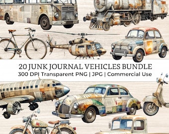 Mixed Media Junk Journal Fussy Cut Vehicle Clipart – Distressed Watercolor Vintage Collage Ephemera Printable Scrapbook Supplies | Set 1