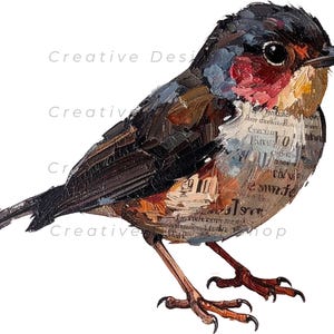 May include: An oil painting of a small bird with a black head, red throat, and brown wings. The chest area features visible text layered into the paint strokes. The bird has a sharp beak and thin, brown legs standing against a plain white background.
