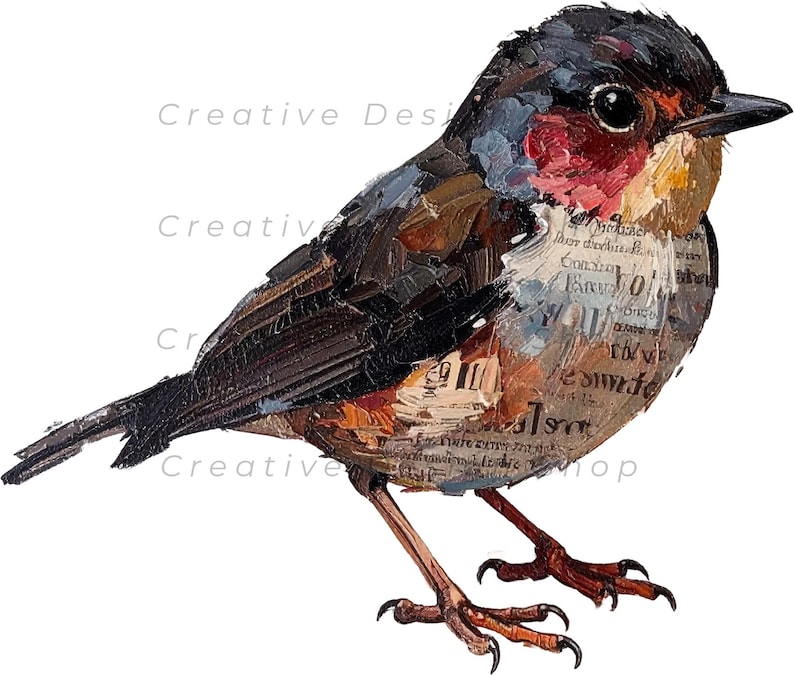 May include: An oil painting of a small bird with a black head, red throat, and brown wings. The chest area features visible text layered into the paint strokes. The bird has a sharp beak and thin, brown legs standing against a plain white background.