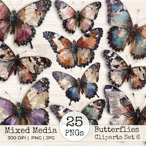 May include: A collection of mixed media butterfly cliparts in various colors, including pink, blue, and brown. The butterflies have detailed wing patterns and textures. The image includes the text "Mixed Media 25 PNGs Butterflies Cliparts Set 6".