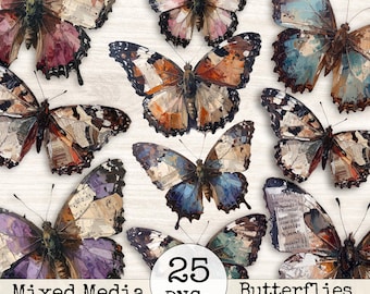Clipart de mariposas recortadas con técnica mixta para diario basura: collage vintage de acuarela desgastada, efímera, suministros imprimibles para álbumes de recortes / Set de 6