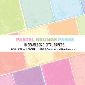 Könnte beinhalten: Ein digitales Papierpaket mit 18 nahtlosen Designs in Pastelltönen. Das Bild zeigt ein Raster aus rechteckigen Blöcken in Grün, Blau, Orange, Rosa und Gelb. Der Text lautet "PASTEL GRUNGE PAGES" und "8,5 Zoll x 11 Zoll".