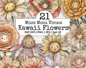 Mixed Media Kawaii Floral Clipart Bundle | Cottagecore Grunge Flower PNGs | Vintage Junk Journal Ephemera | Whimsical Shabby Chic Collage