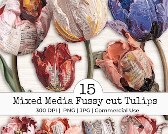 Mixed Media Tulips Flowers Junk Journal Fussy Cut Clipart – Distressed Watercolor Vintage Collage Floral Printable Scrapbook Supplies