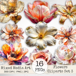 Puede incluir: Una colección de dieciséis ilustraciones florales de técnica mixta con flores como tulipanes, lirios y rosas con patrones de texto de periódico vintage en tonos naranja, rosa, blanco y amarillo. El texto dice Mixed Media Art 16 PNGs Flowers Cliparts Set 3 300 DPI PNG | JPG.