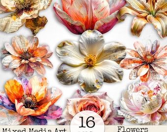 Mixed Media Junk Journal Fussy Cut Flowers Clipart – Distressed Watercolor Vintage Collage Floral Printable Scrapbook Supplies | Set 3