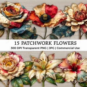 Könnte beinhalten: Ein Bild von 15 Patchwork-Blumen in verschiedenen Farben, darunter Rot, Orange und Rosa. Die Blumen haben ein handwerkliches Aussehen mit sichtbaren Nähten und Stoffstrukturen. Der Text "15 PATCHWORK FLOWERS" ist enthalten.