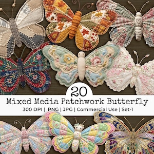 Pode incluir: Uma coleção de vinte designs de borboletas patchwork em técnica mista. As borboletas apresentam vários padrões e cores, incluindo tecidos florais, xadrez e lisos. A imagem inclui o texto "Mixed Media Patchwork Butterfly".