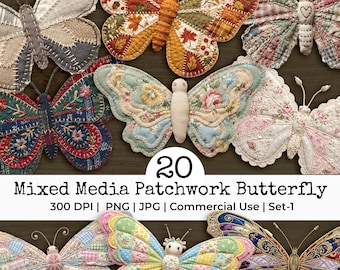 Patchwork Butterfly Clipart Bundle | Mixed Media Vintage Collage | Watercolor Ephemera | Junk Journal Printable | Fussy Cut Scrapbook PNG