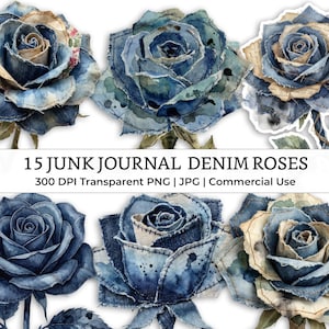 Könnte beinhalten: Eine Sammlung von 15 digitalen Illustrationen mit Rosen aus blauem Jeansstoff mit ausgefransten Kanten, Aquarelltexturen und Vintage-Papierakzenten. Der Text 15 JUNK JOURNAL DENIM ROSES 300 DPI Transparent PNG | JPG | Commercial Use ist sichtbar.