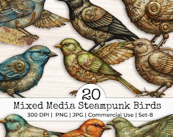Mixed Media Steampunk Clipart Birds Printable, Junk Journal Fussy Cut Collage, Scrapbook Mechanical Rustic Ephemera | Set 8