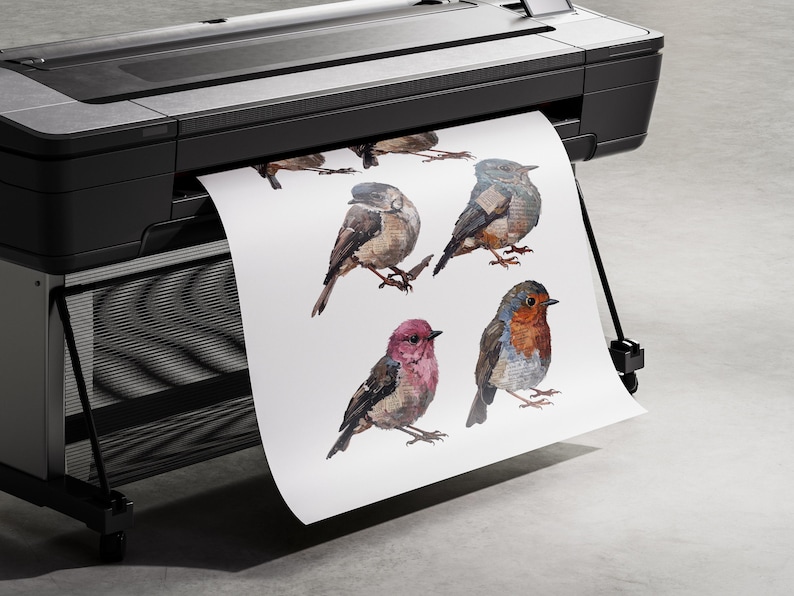 May include: A large format black printer outputting a white sheet of paper featuring a series of detailed watercolor illustrations of various birds, including a robin with a red breast and a bird with pink plumage, arranged on a white background.