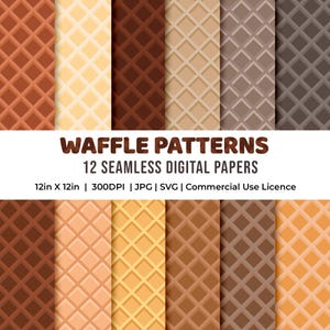 Può includere: Una collezione di 12 carte digitali senza cuciture con motivi a cialda in vari colori, dal beige chiaro al marrone scuro. Ogni motivo è una griglia di disegni a cialda. Il testo "WAFFLE PATTERNS" e altri dettagli sono inclusi.