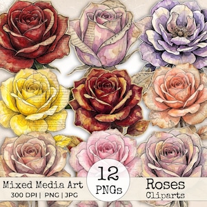May include: A collection of twelve digital rose illustrations featuring mixed media art with vintage newspaper and musical score textures. The roses are rendered in various colours including deep red, yellow, soft pink, peach, and purple hues.