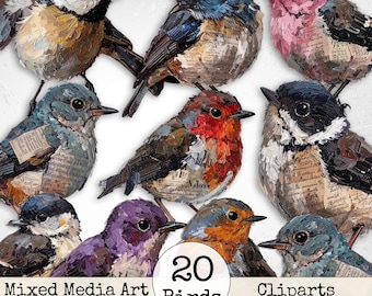 Mixed Media Junk Journal Fussy Cut Birds Clipart – Distressed Watercolor Vintage Ephemera Collage Printable Scrapbook Supplies | Set 4