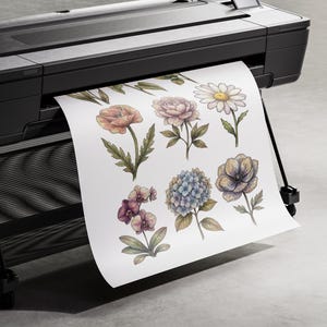 Op de afbeelding: Een grootformaat zwarte printer die een wit vel papier uitvoert met een verzameling botanische illustraties. De print toont zes verschillende bloemen, waaronder een madeliefje, een hortensia, een orchidee en andere bloemsoorten in zachte tinten.