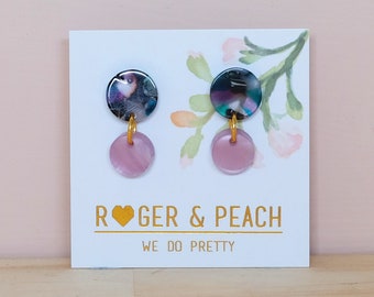 Acrylic Double Drop stud earrings - Green and Lilac
