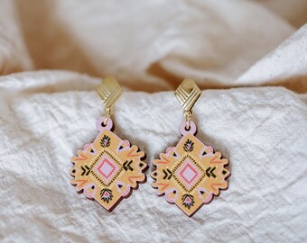 Boho wooden laser cut dangles, drop earrings, studs, wooden laser cut - Mustard Aztec