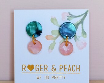 Acrylic Double Drop stud earrings - Green and pink