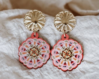 Boho wooden laser cut dangles, drop earrings, studs, wooden laser cut - Peach Mandala