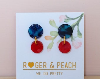 Acrylic Double Drop stud earrings - Blue and Red