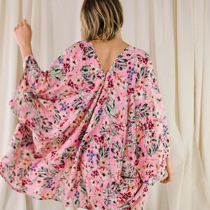 Womens Kimono cardigan, kimono jacket, Oversized Boho, beach cover up, gypsy festival top Pink English Garden image 3