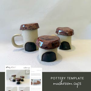 May include: Three ceramic mushroom cups in various sizes. The cups are glazed in a light brown color with a darker brown top. The cups have a black base.