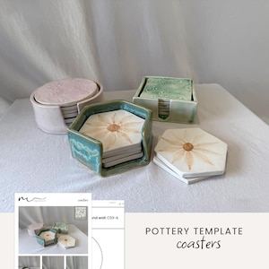 May include: A selection of handmade ceramic coasters in different colours and designs. The coasters are hexagonal and feature floral patterns. The set includes a pink, green, and teal holder. The text "Pottery Template coasters" is visible.
