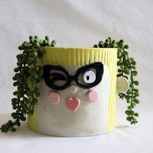 May include: A quirky ceramic plant pot designed as a face, with yellow hair, black glasses, pink cheeks, and a heart-shaped mouth. Green trailing plants spill over the top, adding a natural element to this decorative item.