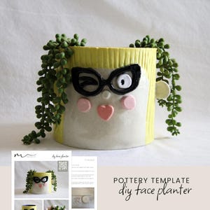 Könnte beinhalten: Eine DIY-Töpfer-Vorlage für einen Gesichts-Pflanztopf. Die Vorlage enthält Anweisungen und einen QR-Code. Das Bild zeigt einen fertigen Topf mit gelbem Rand, schwarzer Brille, rosa Wangen und einem rosa Herzen. Der Topf ist mit grünen Sukkulenten gefüllt.