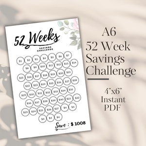 52 Weeks Savings Challenge Printable Size A6, 52 Week Challenge, Fits Most A6 Budget Binder, 52 Weeks Challenge Envelopes System