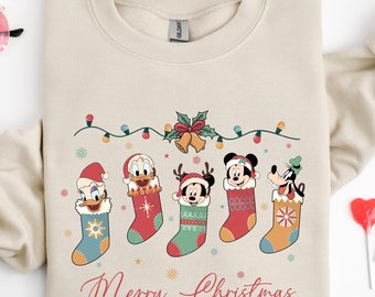 Mickey and Friends Christmas Sweatshirt, Disney Characters Group Christmas Sock Shirt, Mickey Christmas Party, Christmas Family Matching
