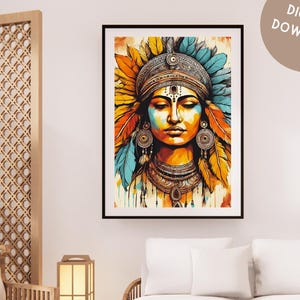 Boho Indian Art Print,Colorful Free Spirit Wall Decor,Ethnic Bohemian Fantasy Poster,Vibrant Native Woman
