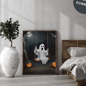 Cute Ghost on the Swing Art Print, Little Ghost on a Swing Digital Download,Dark Academia Spooky Wall Art, Haunted Decor Wall Printable