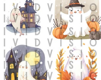 Watercolor Halloween Ghost Clipart Set: Witch Hats, Pumpkins (PNG, SVG, PDF Digital Download)