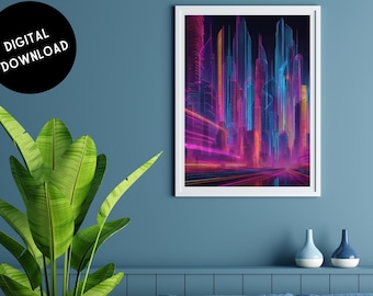 Cyberpunk City AI Art Print: futuristisch interieur (digitale download, 28 x 35 in pdf-bestand)