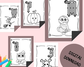 May include: Five black and white printable coloring pages featuring Halloween themed letters and characters. The letters are W, P, M, O, and S. The characters are a witch, a pumpkin, a mummy, an owl, and a skull and crossbones.