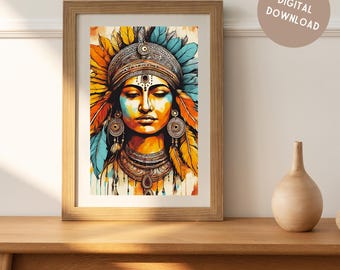 Boho Indian Woman Art Print: Colorful Bohemian Wall Decor (Digital Download