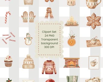 Gezellige kerstclipartbundel png | Scandinavisch hygge-winterdecor | Elementen van peperkoek, trui en mok