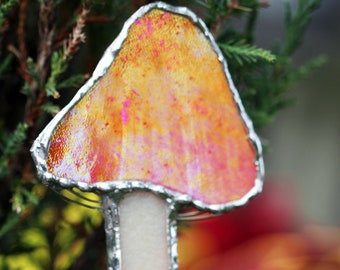 Orange Iridescent Mushroom Stained Glass Pick for garden plant decoration holo lead free friendship gift witchy vibe spring