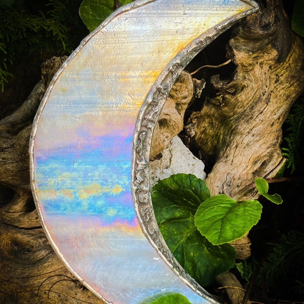 Moon Stained Glass Wall Decor decoration holo rainbow lead free witchy vibe crescent phase white pearl