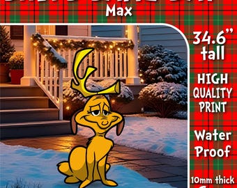 May include: A yellow cartoon character with antlers, 34.6 inches tall, is featured in front of a house with snow. The image includes text that says "SHIPS SAME DAY" and "HIGH QUALITY PRINT". The product is water proof and made of 10mm thick Coro Plast.