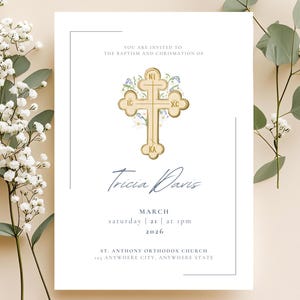 Orthodox Baptism and Chrismation Invitation Template| Spring Flowers & Cross Hand-drawn Illustration | Canva Template | Digital Download