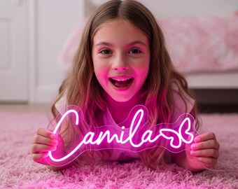 アイコン付きカスタムネームネオン、女の子の寝室の装飾アート、ティーンの部屋へのギフト、子供部屋の壁装飾