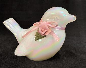 Fenton Iridescent Milk Glass Pink Rose and Ribbon Bird