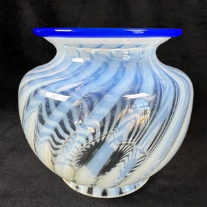 Fenton Blue Lipped Opalescent White Swirl Vase