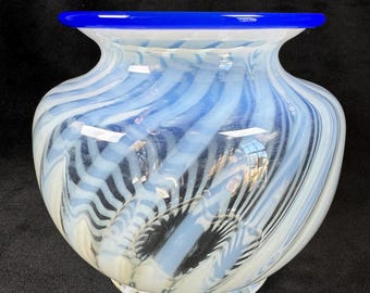 Fenton Blue Lipped Opalescent White Swirl Vase