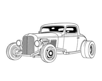 Może przedstawiać: Czarno-biała ilustracja klasycznego samochodu hot rod. Pojazd posiada duże przednie reflektory, szczegółową osłonę chłodnicy i ponadwymiarowe tylne opony. Widok z boku podkreśla jego klasyczny design i niestandardowe modyfikacje.
